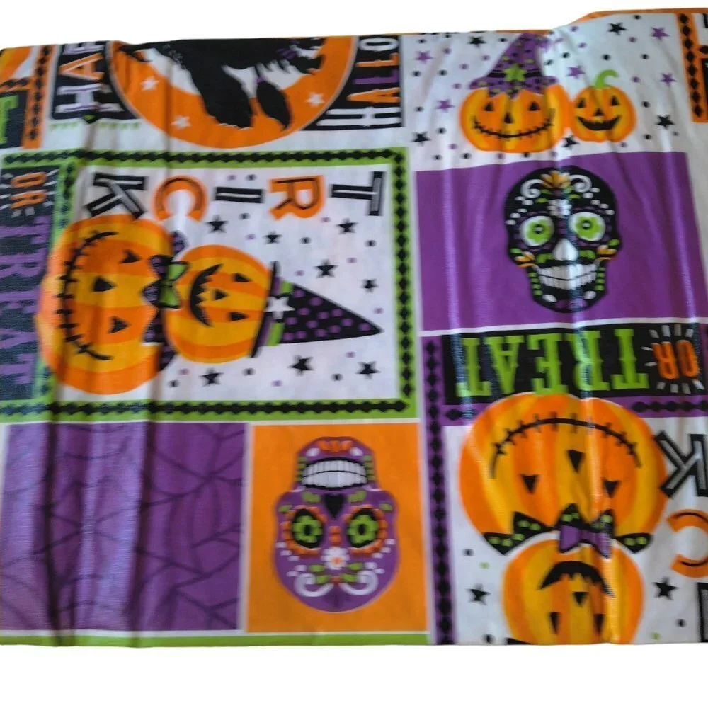 Halloween Tablecloth 54X68 Rectangle Pumpkins Skulls Black Vinyl Flannel Back